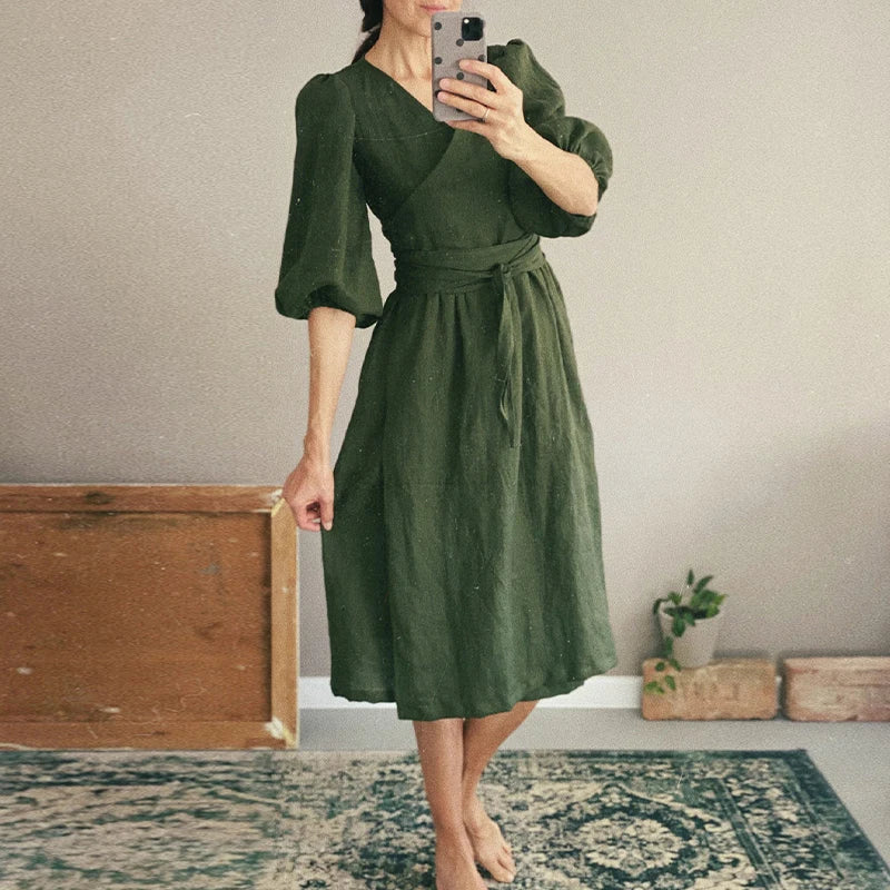 Women's Cotton-Linen V-Neck Puff-Sleeve A-Line Midi Dress with Waist Tie and Pockets