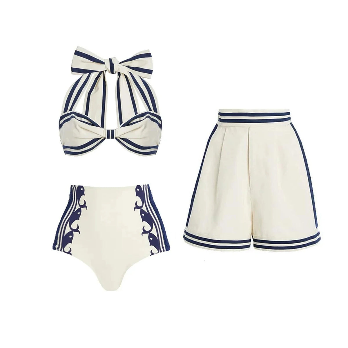 Striped Cutout One-Piece Swimsuit with Long Skirt