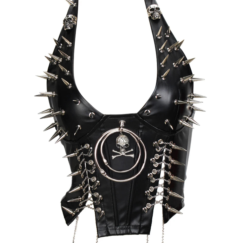 Women's Studded Crop Top with Decorative Spikes and Lace-Up Side Detailing