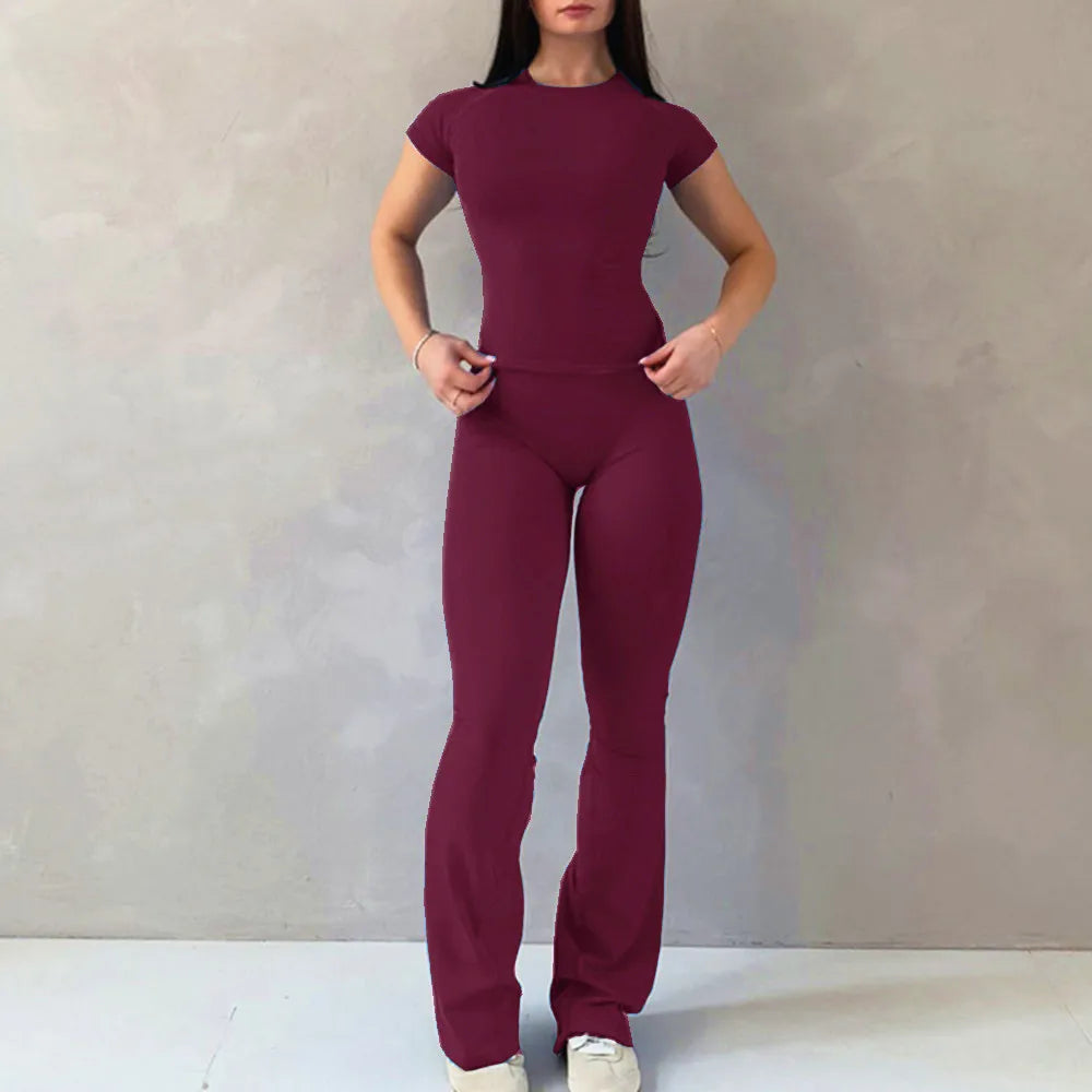 Women's Tee And Flared Bottoms Yoga Set For Workout Outfits
