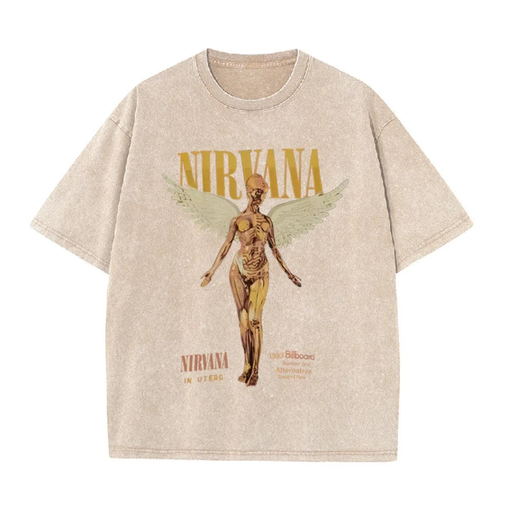 Vintage Distressed Washed Tee Nirvana Grunge Rock Silver Angel Skeleton Print Loose Fit Short Sleeve T Shirts