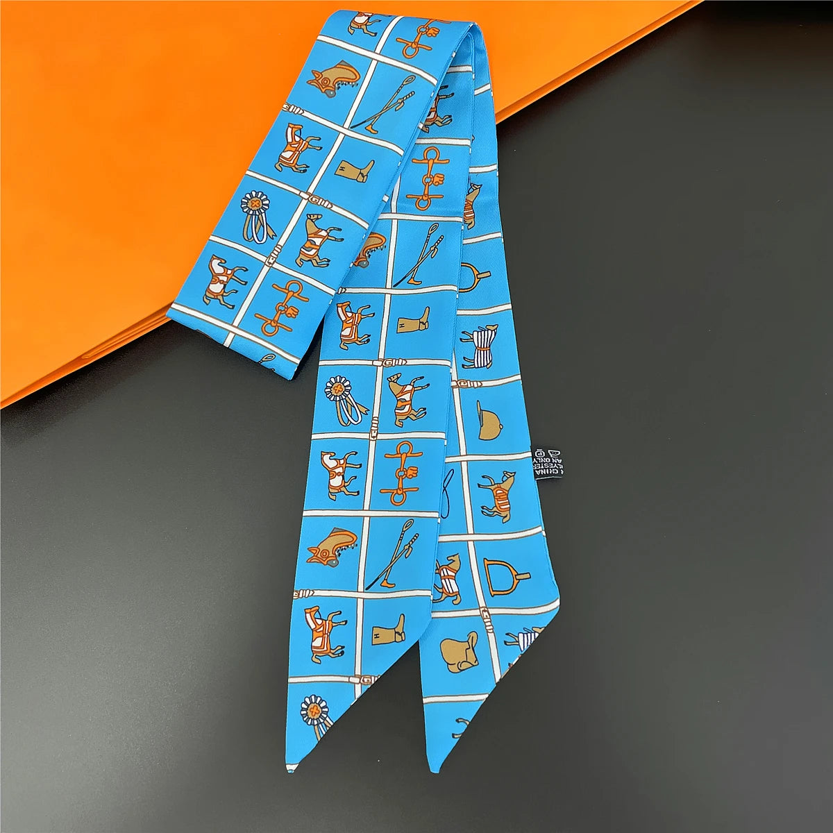 Colorful Printed Skinny Ribbon Scarf with Tie Ends