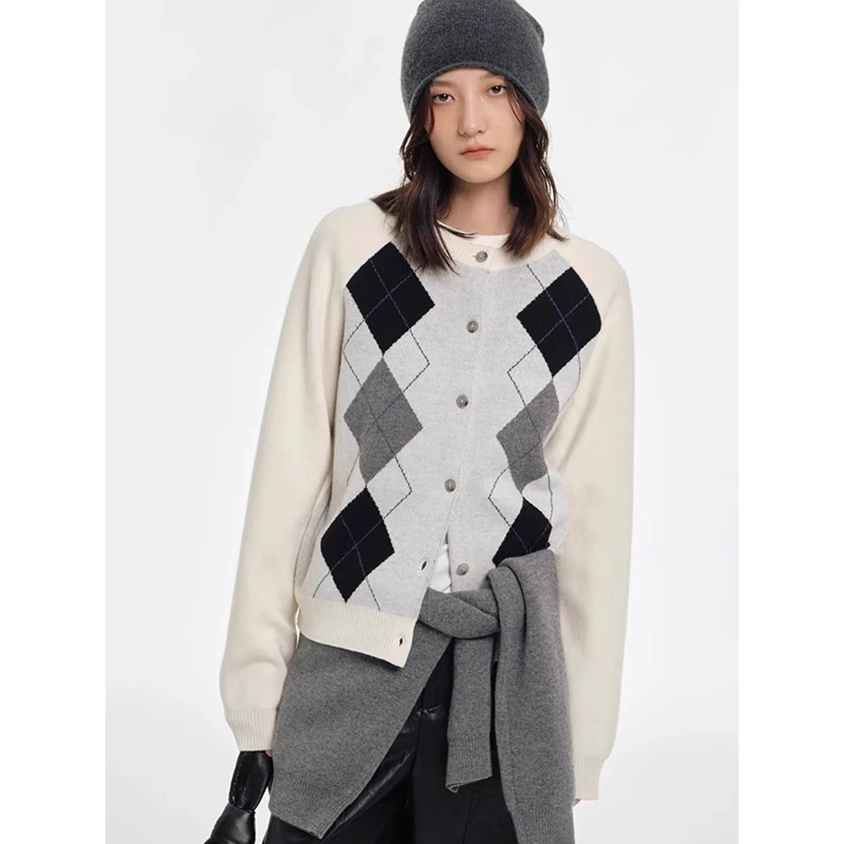 Autumn diamond-shaped cardigan women 100 pure cashmere sweater European high-end color-blocking knitted sweater coat