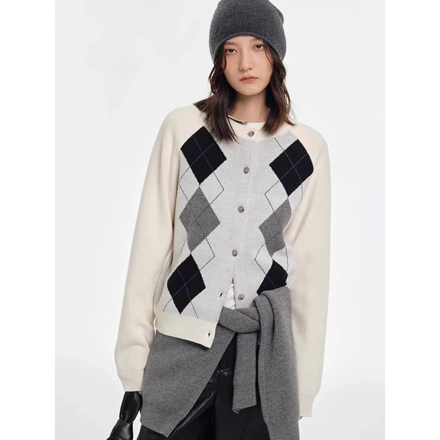 Autumn diamond-shaped cardigan women 100 pure cashmere sweater European high-end color-blocking knitted sweater coat