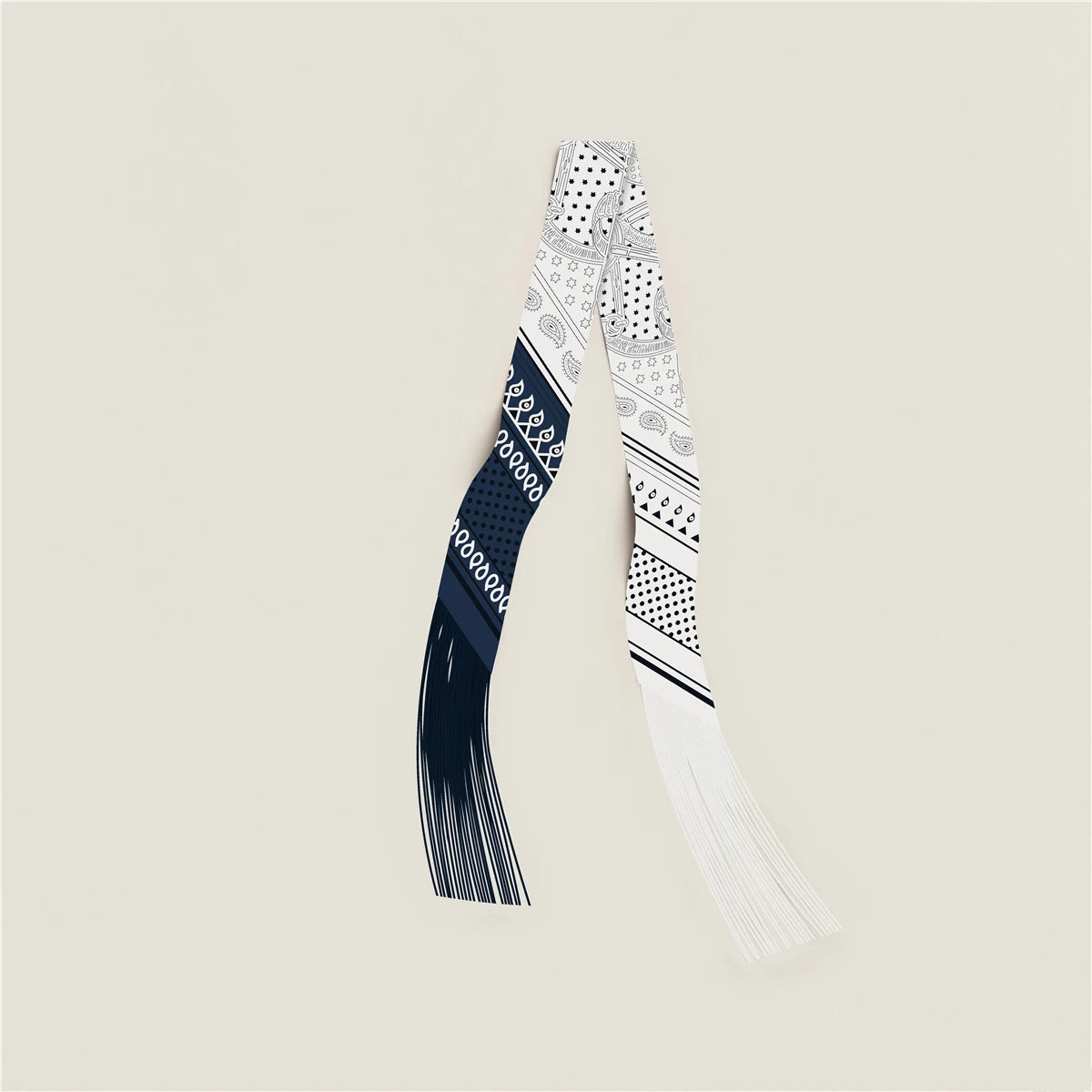 Printed Narrow Ribbon Scarf with Decorative Fringed Ends