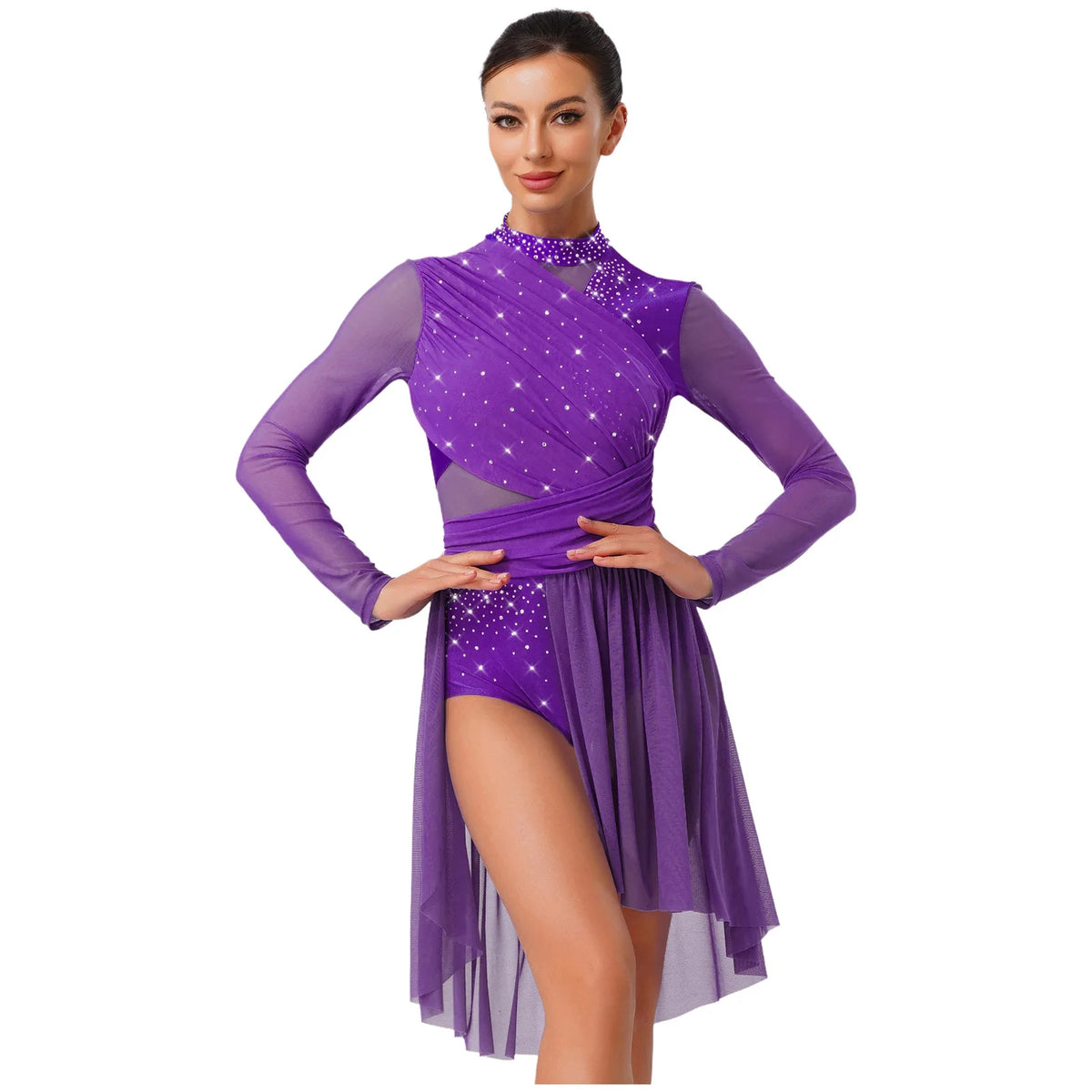 Women's Long Sleeve Rhinestone Dance Dress with Open Back and Split Skirt