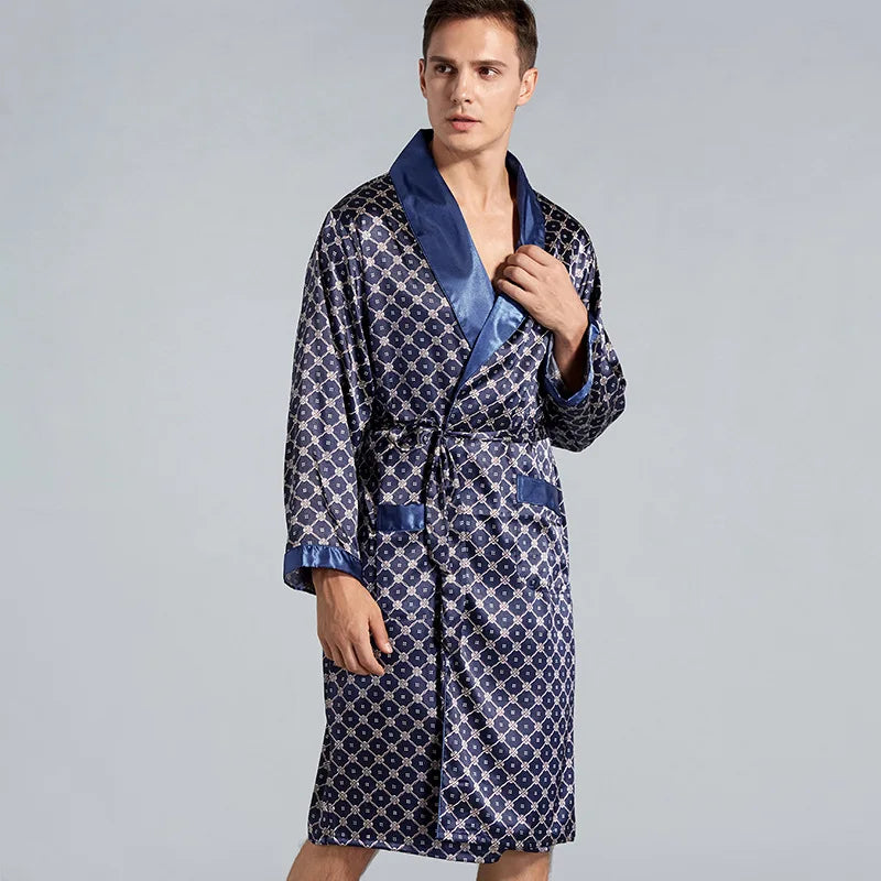 Men's Patterned Satin Long Sleeve Tie Waist Bathrobe with Pockets