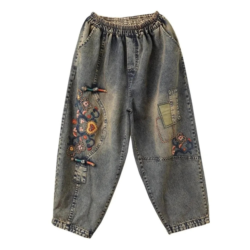 Women's Cotton Embroidered High-Waist Loose Ankle-Length Jeans with Elastic Waist for Outfits