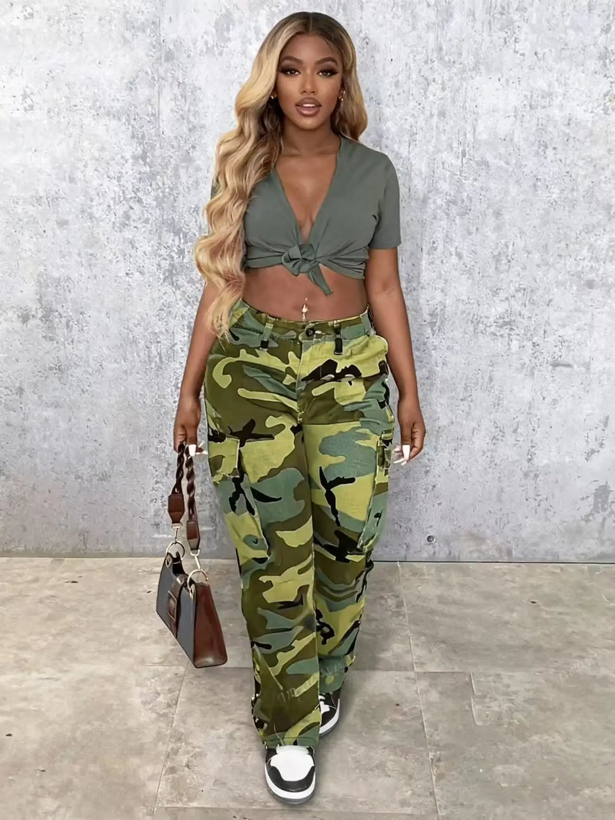 Women's Camouflage Cargo Pants with Straight Legs and Button Waist