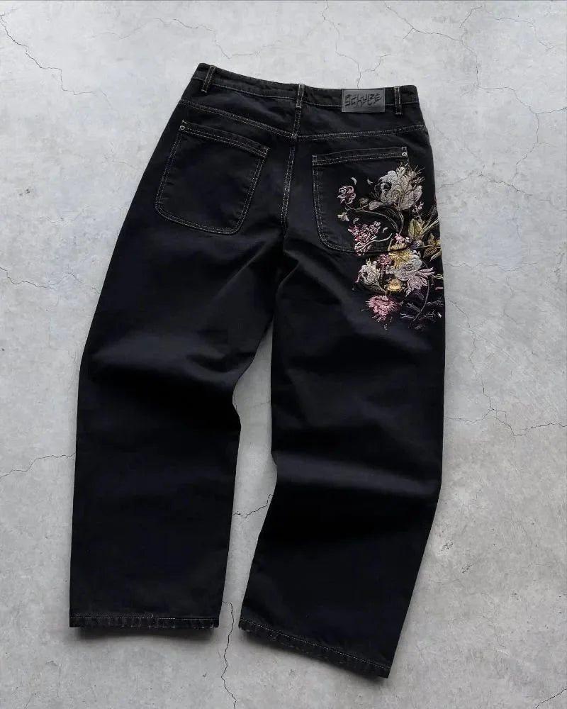 Men's Embroidered Wide Leg Denim Jeans for Casual Everyday Wear