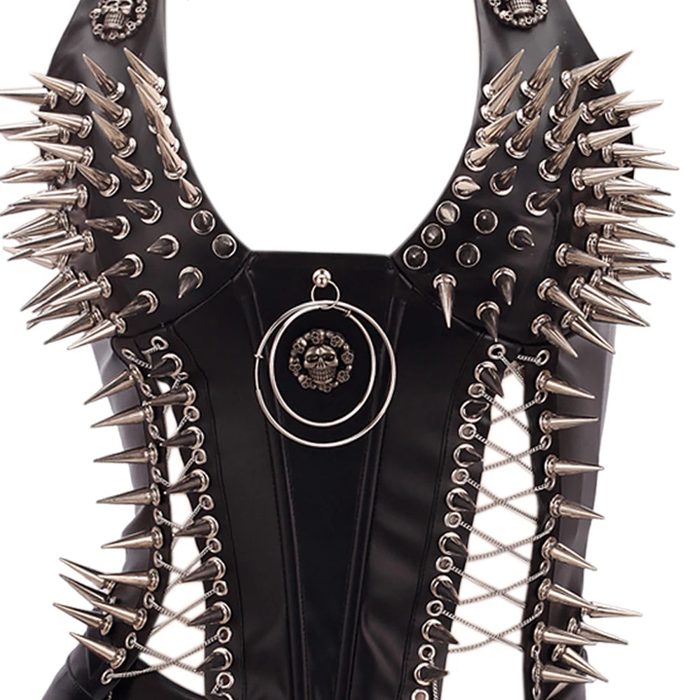 Women's Studded Crop Top with Decorative Spikes and Lace-Up Side Detailing