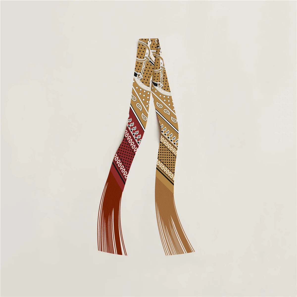 Printed Narrow Ribbon Scarf with Decorative Fringed Ends