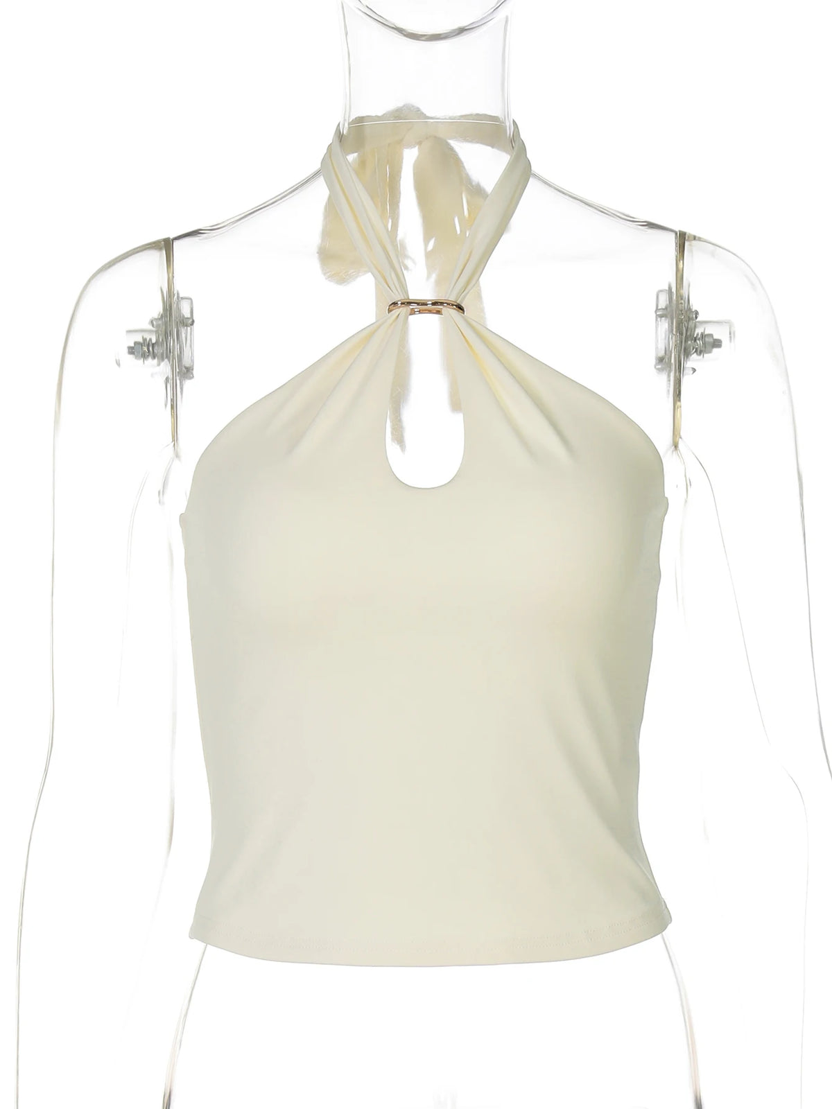 Women's Ring Keyhole Polyester Blend Halter Crop Top with Open Back