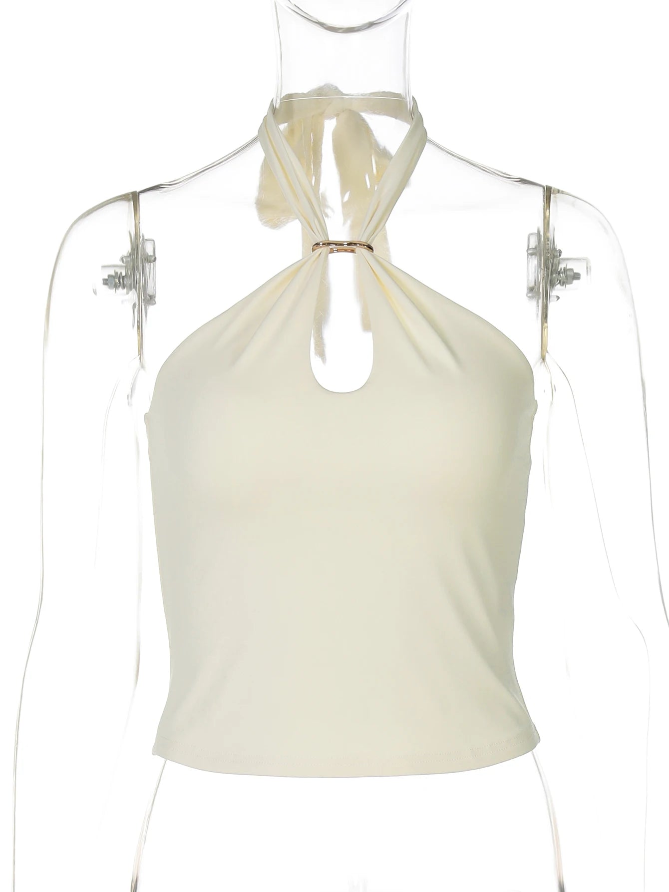 Women's Ring Keyhole Polyester Blend Halter Crop Top with Open Back
