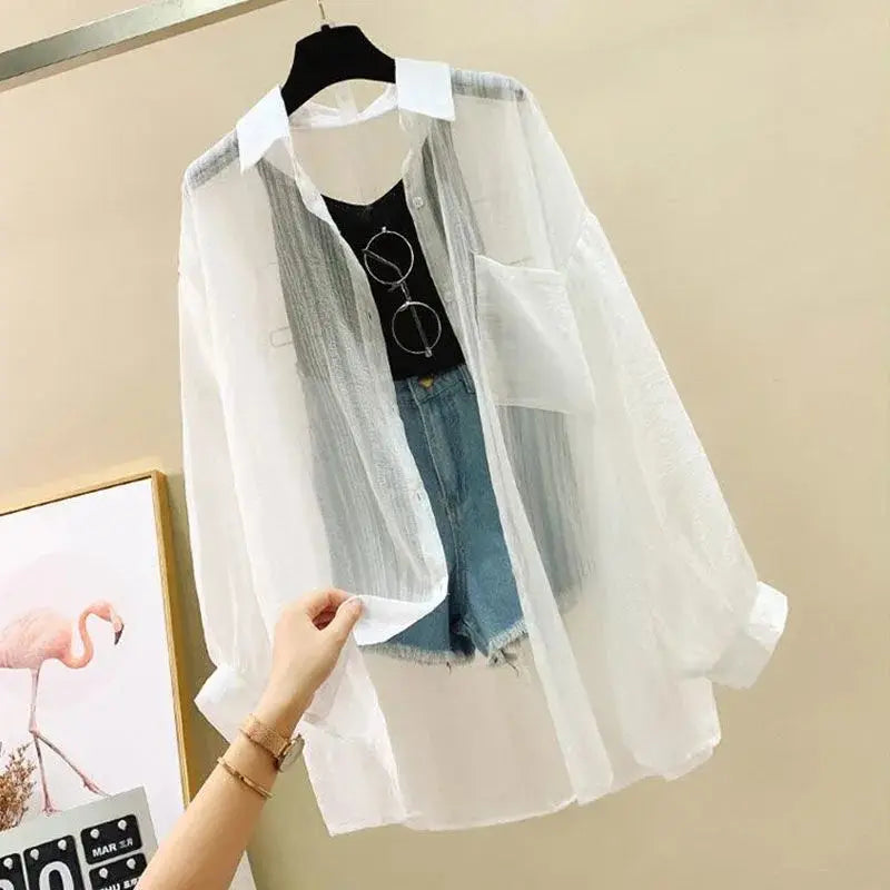 Women's Sheer Collared Long Sleeve Button Front Shirt