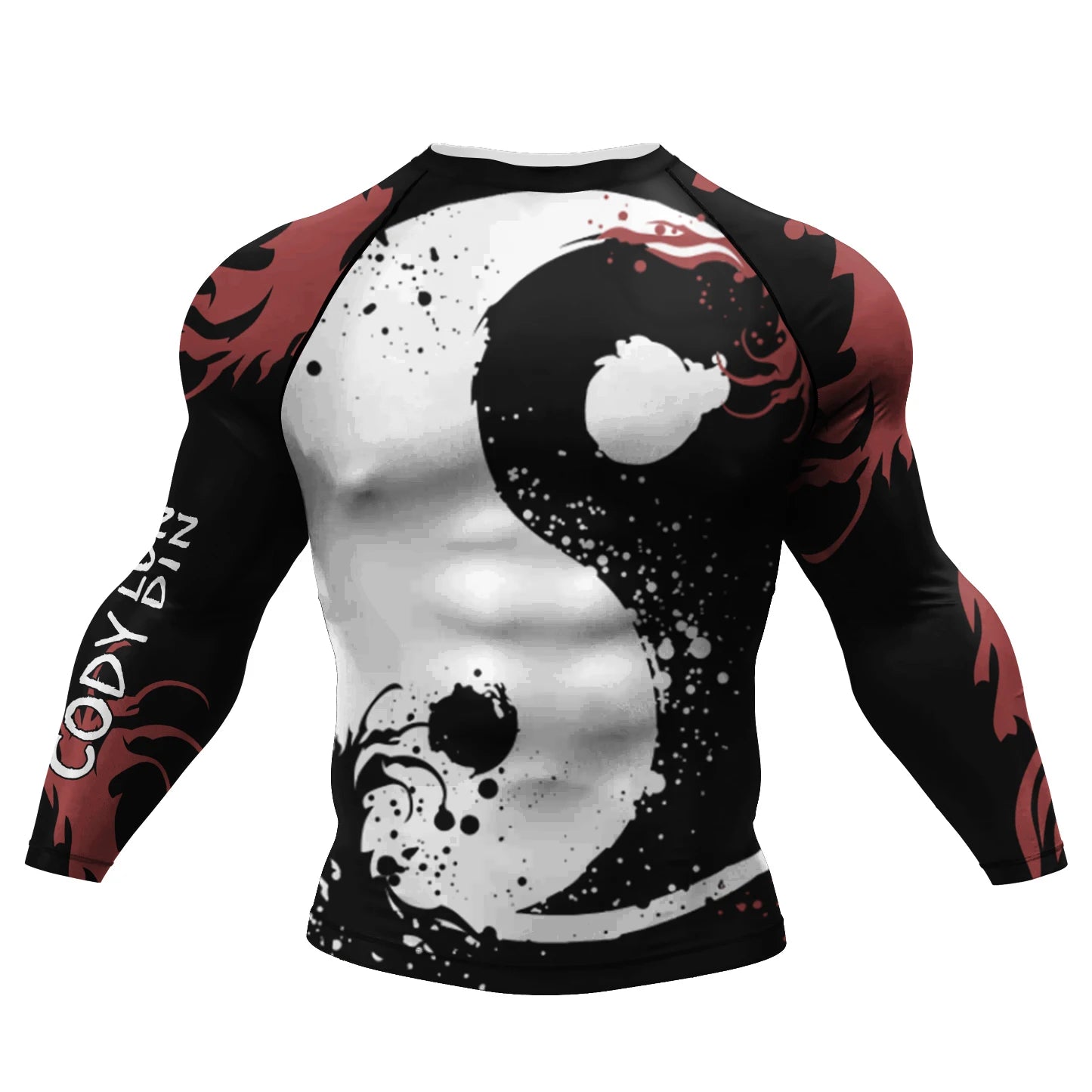 Tattoo Graphic Long Sleeve Mock Neck Fitted Rash Guard