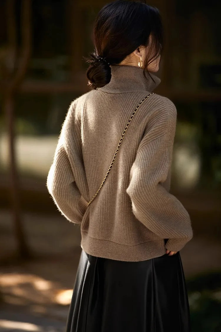 100% pure cashmere sweater women's half zip stand collar thick loose lapel pullover sweater