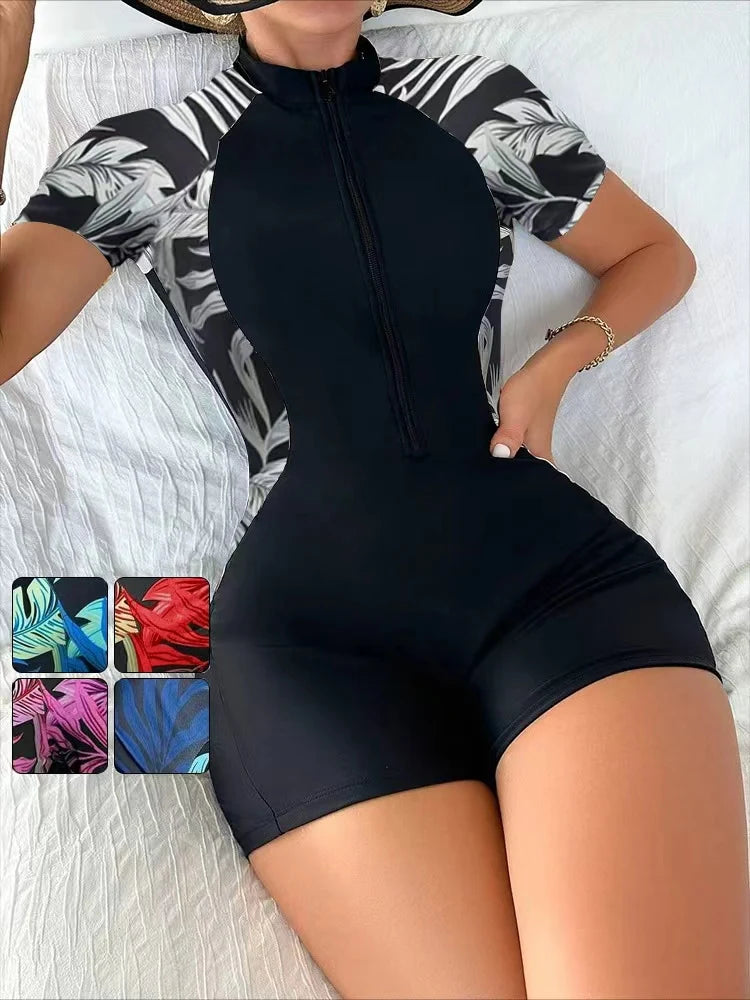 Floral Short Sleeve Zip-Front One-Piece Swimsuit