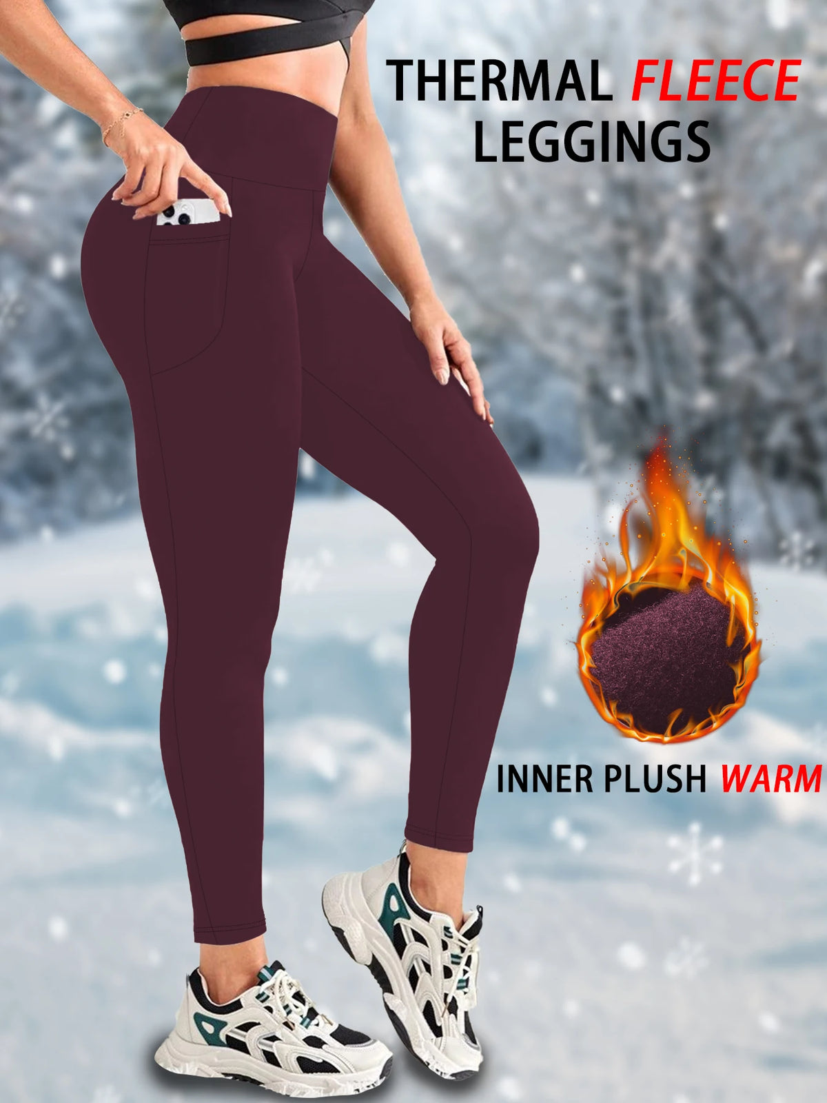 Women's High-Waist Fleece-Lined Leggings with Side Pockets