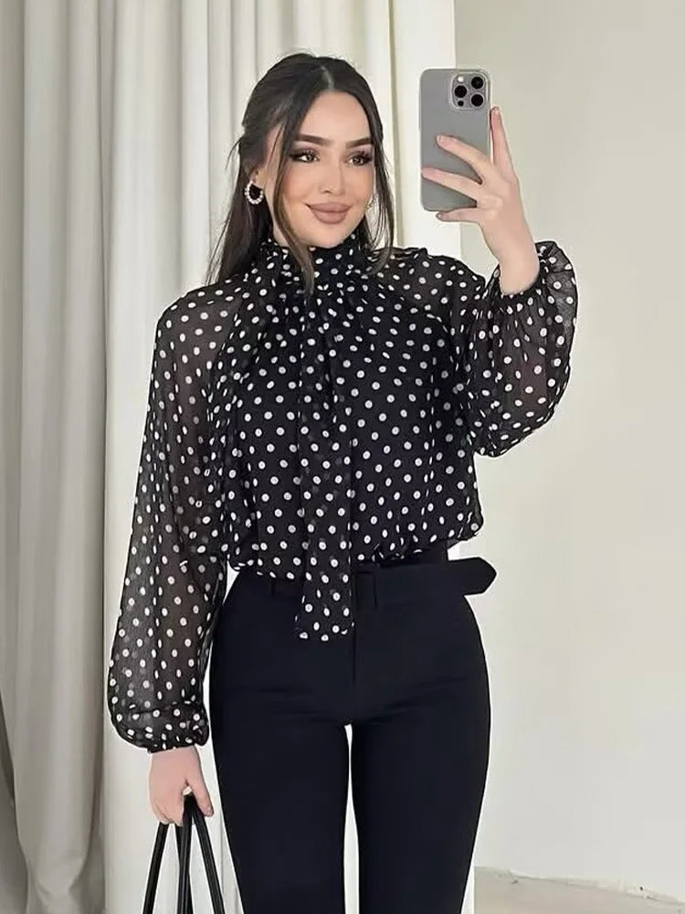 Women's Polyester Polka-Dot Long-Sleeve Regular-Fit Blouse for Everyday Casual and Office Outfits