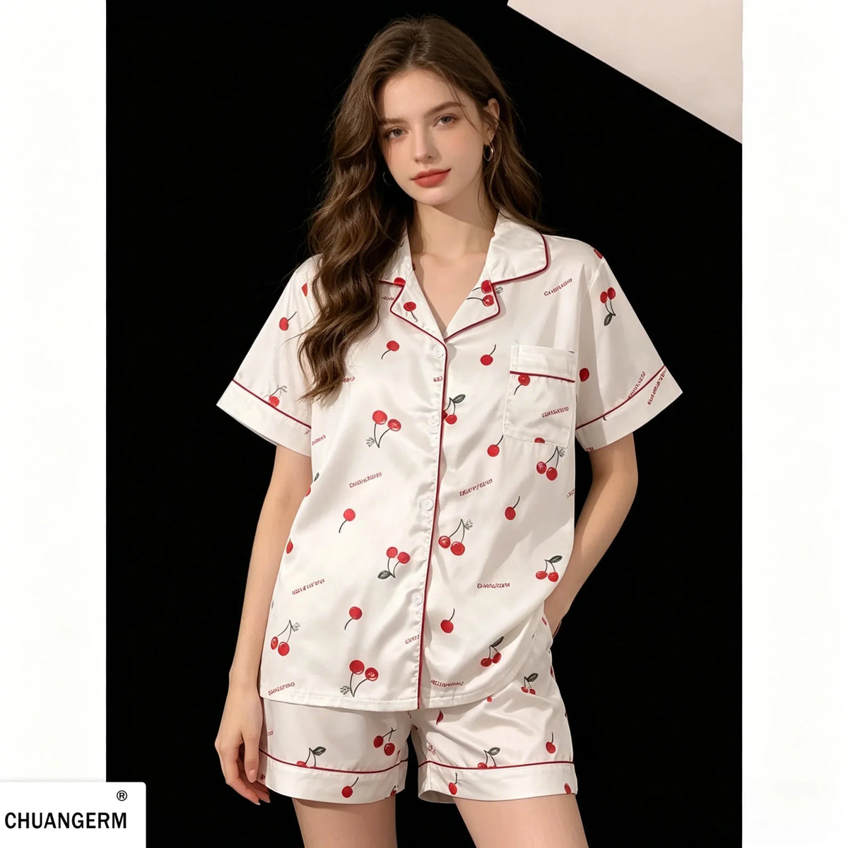 Women's Cherry Print Button Front Pajama Set with Top and Shorts