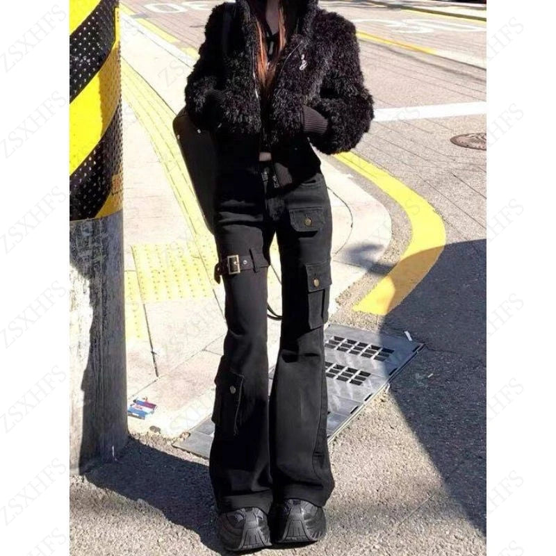 Women's Flared Cargo Pants with Side Pockets and Strap Details