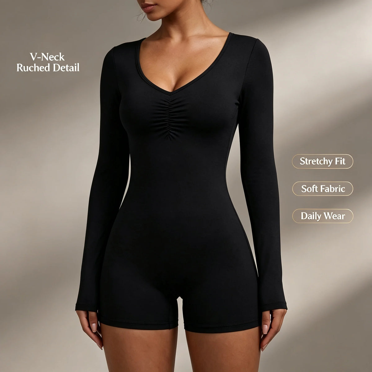 Women's V Neck Polyester Blend Romper with Long Sleeves and Ruching