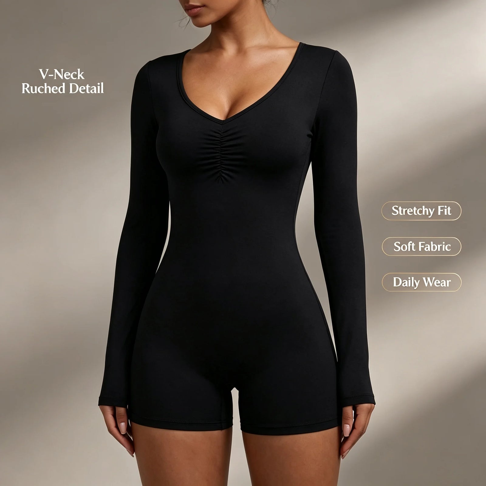 Women's V Neck Polyester Blend Romper with Long Sleeves and Ruching