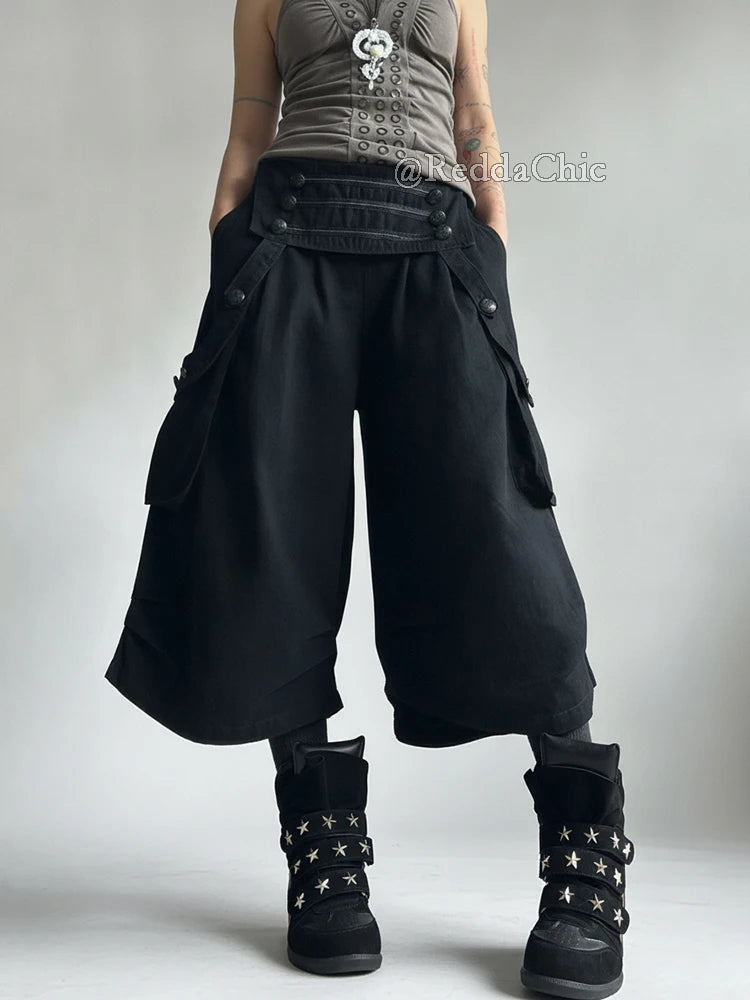 Women's Black Cargo Pants with Pleated Legs and Length Options
