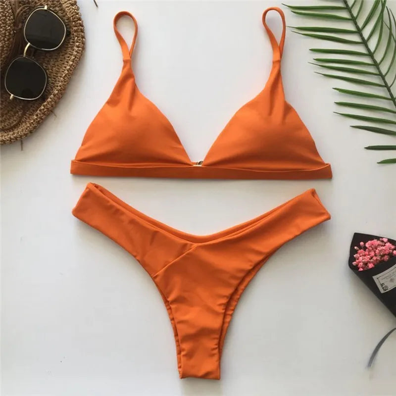Women's Triangle Bikini Top and High Cut Briefs Swim Set
