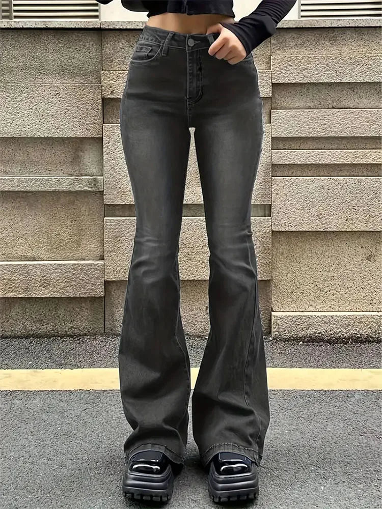 Women's Gray Blue Flared Leg Denim Jeans For Everyday Outfits