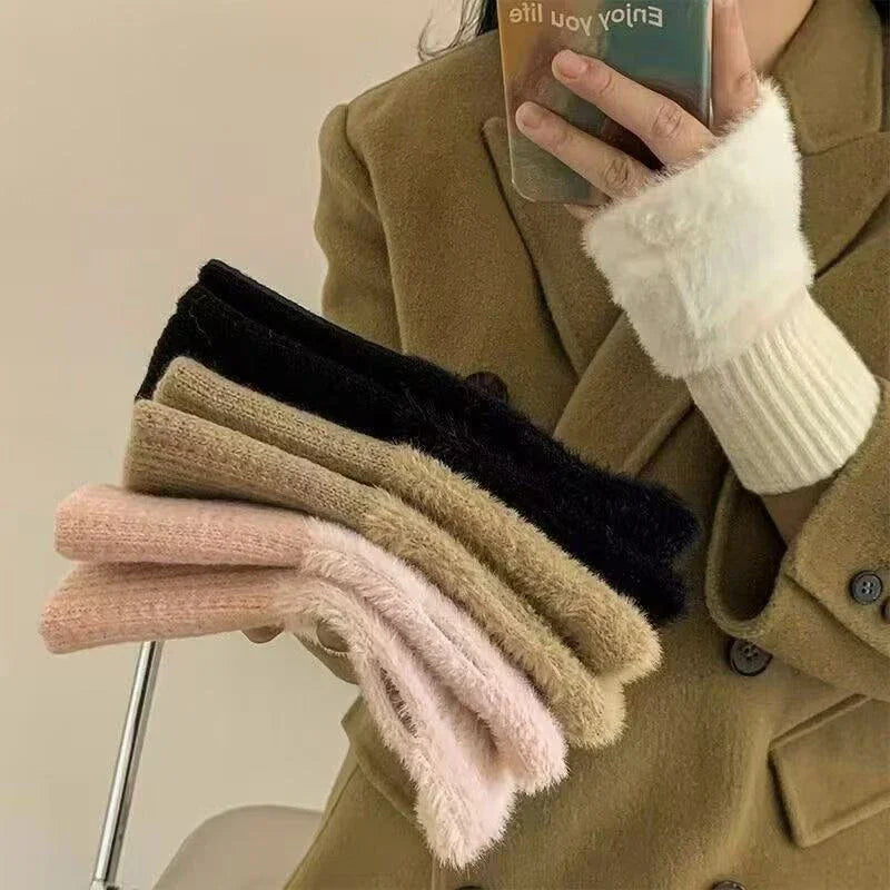 Plush Fingerless Gloves with Ribbed Knit Wrist Cuffs