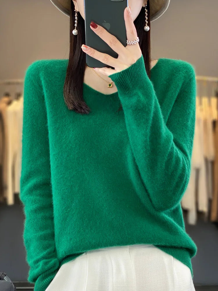 Women's V Neck Long Sleeve Sweater Casual Knit Layer