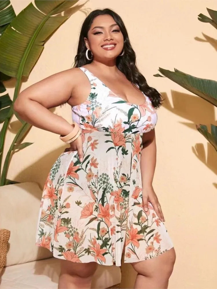 Women's Printed Scoop Neck Swimdress with Side Tie Skirt Overlay