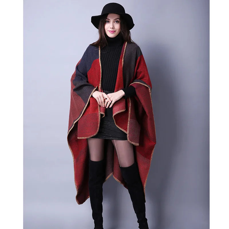 Block Plaid Open Front Poncho for Layering over Outfits