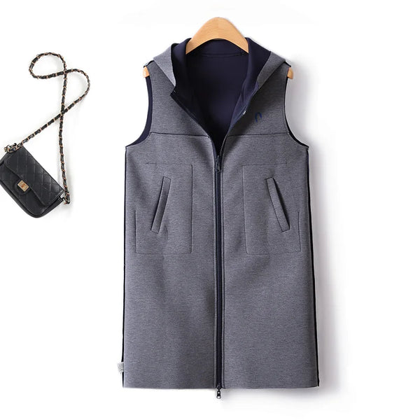 Mid Length Waistcoat Sleeveless Jackets Two Sided Wearing Contrasting Color Hooded Air Cotton Drape Vest For Women