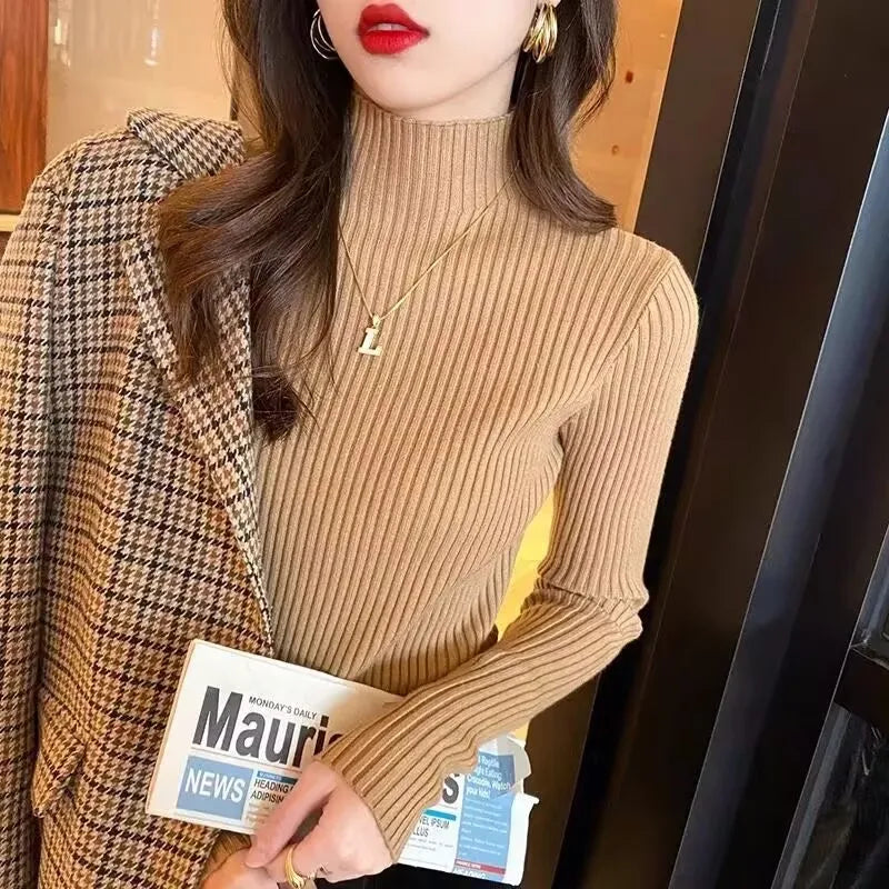 Women's Ribbed Mock Neck Flare Cuff Sweater Casual Knit Layer