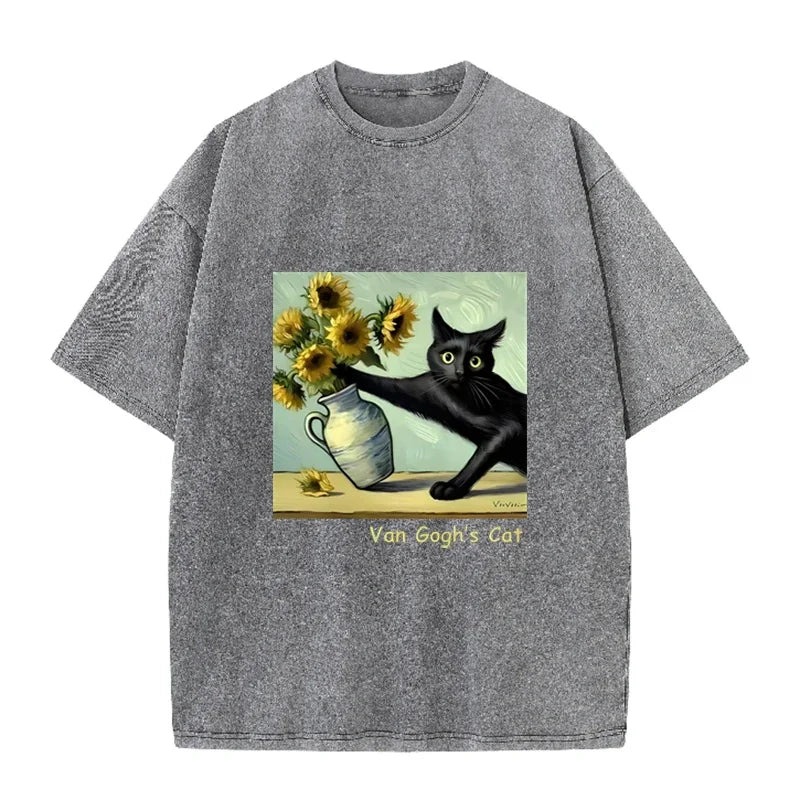 Funny  s Cat Sunflower Art Print Vintage Washed Black Casual Top