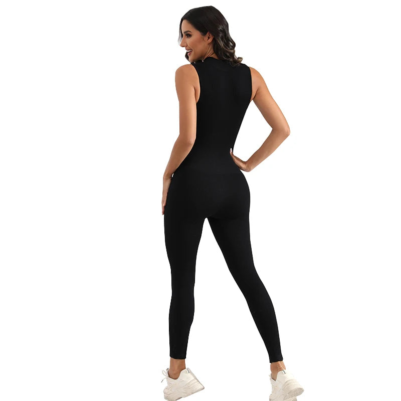 Women's Ribbed Nylon Jumpsuit with Front Zip and Cropped Legs