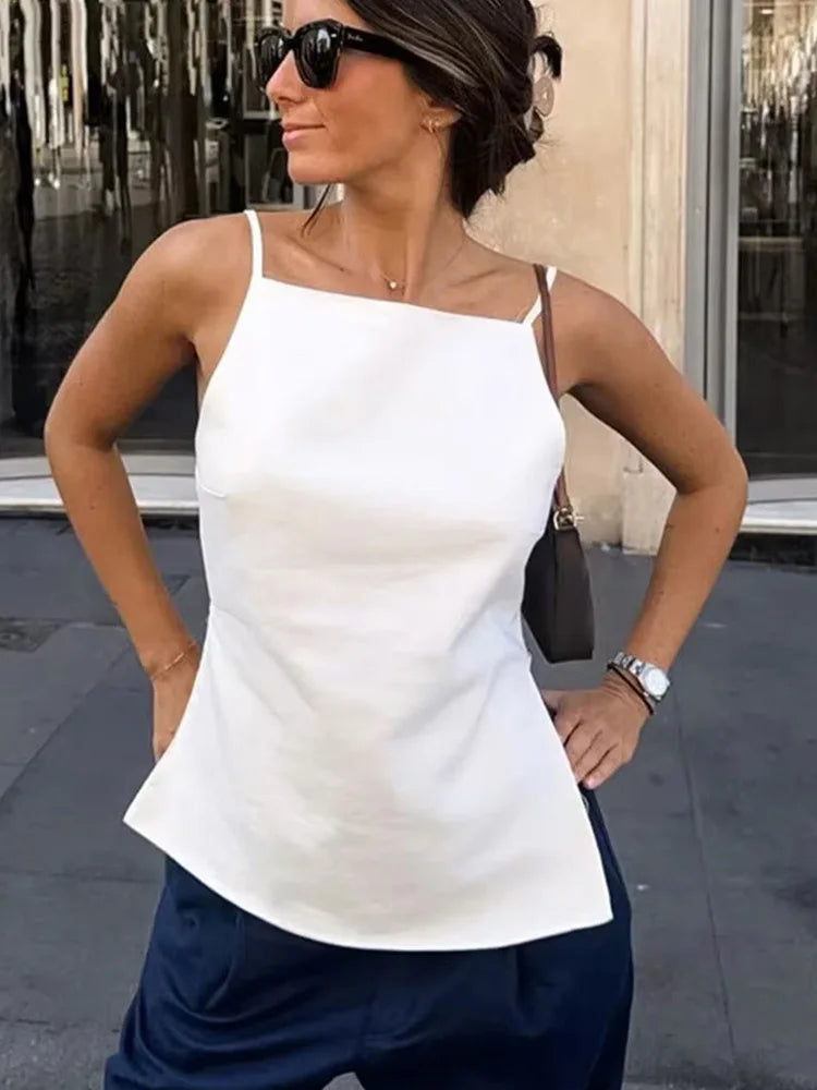 Women's Square Neck Camisole with Thin Straps and Lace-Up Back Detailing