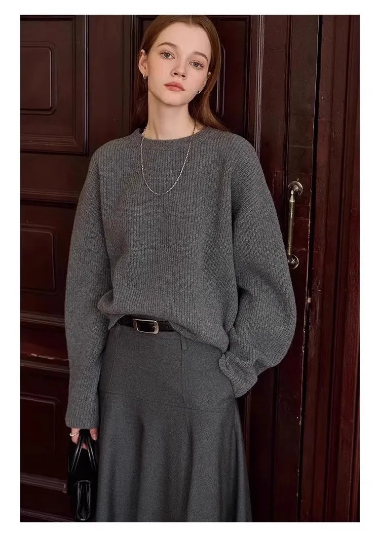 Vintage thick cashmere knitwear women's fall/winter loose shoulder crew neck sweater base sweater