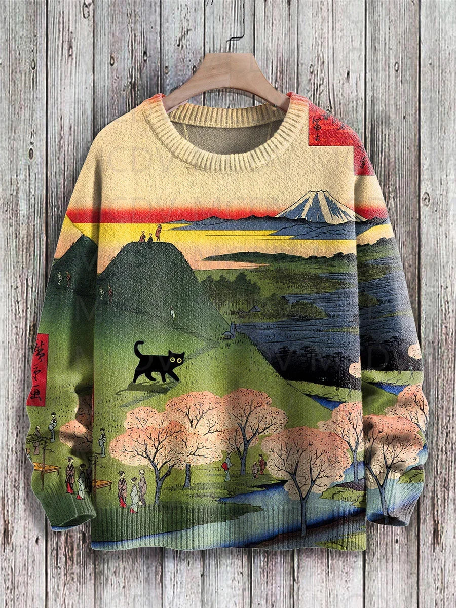 Japanese Art-Print Crewneck Knit Sweater