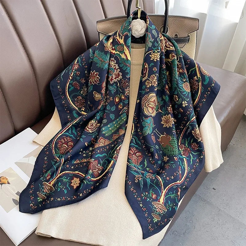 Printed Large Square Scarf with Decorative Border Designs