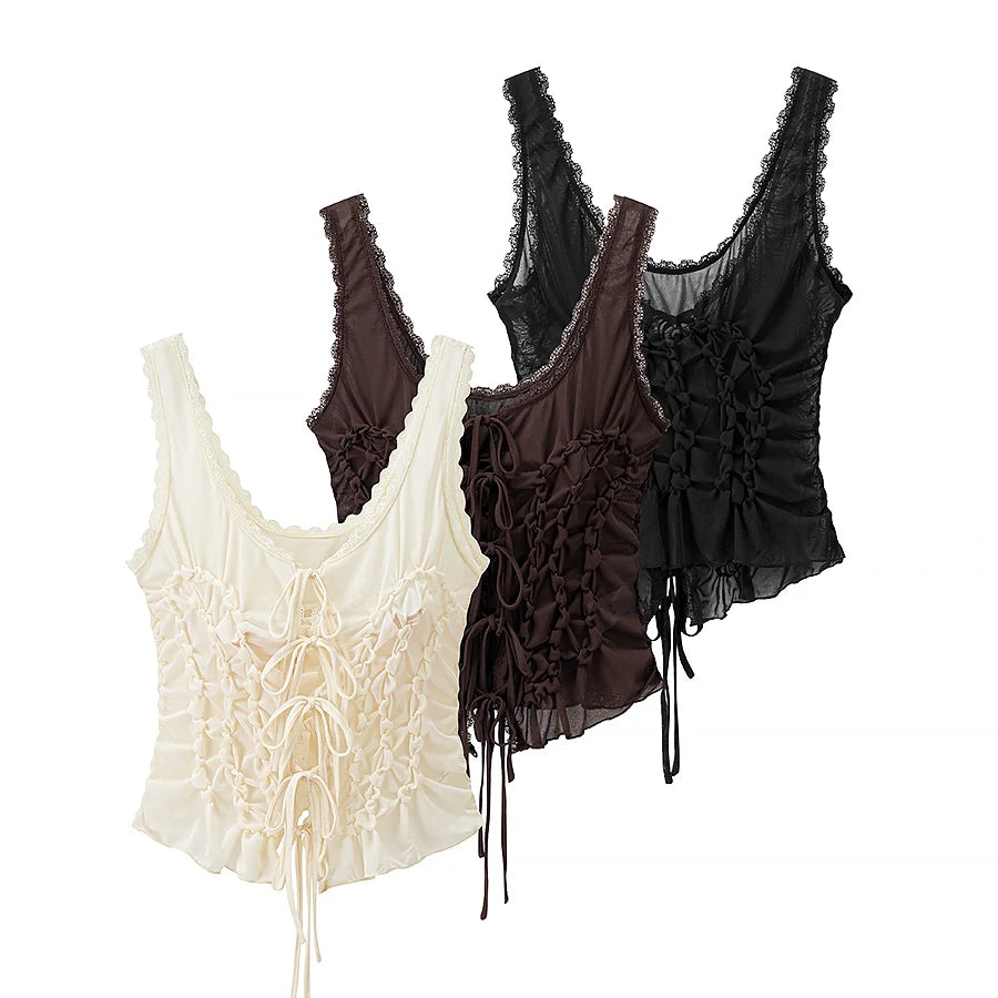 Women's Ruched Polyester Tank Top with Lace Trim and Front Tie