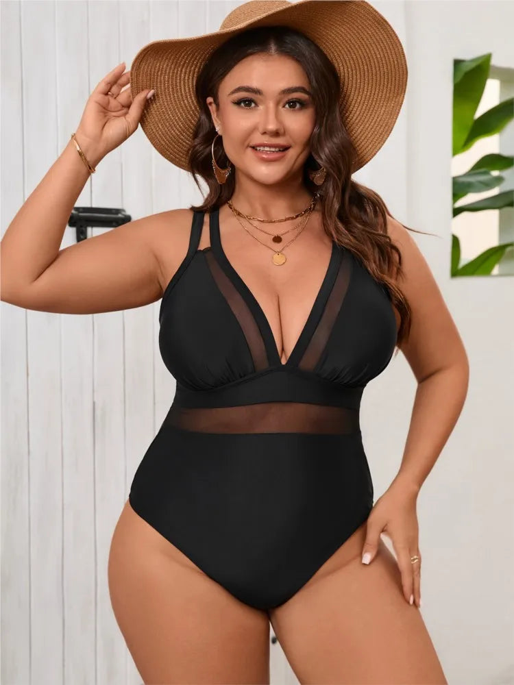 Women's Mesh Waist Strappy Plunge Neck One Piece Swimsuit