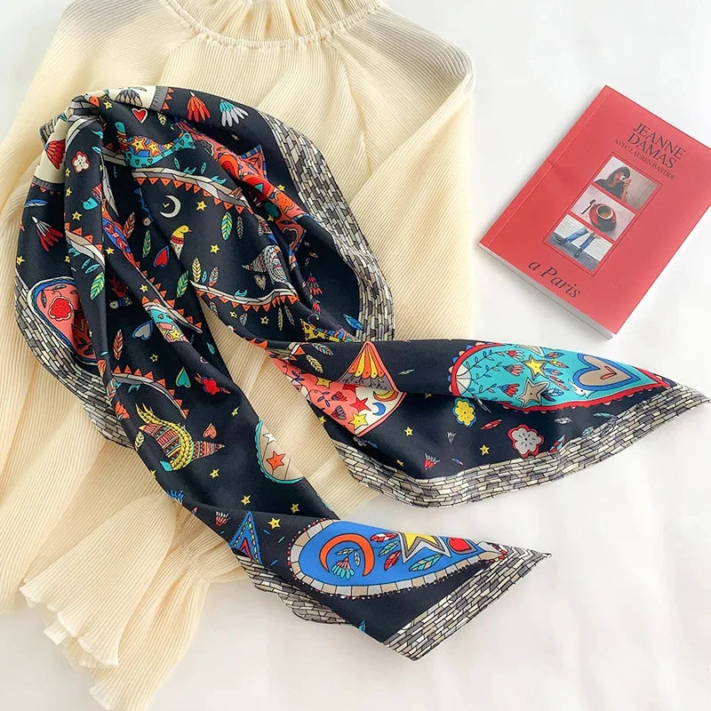 Printed Large Square Scarf with Decorative Border Designs
