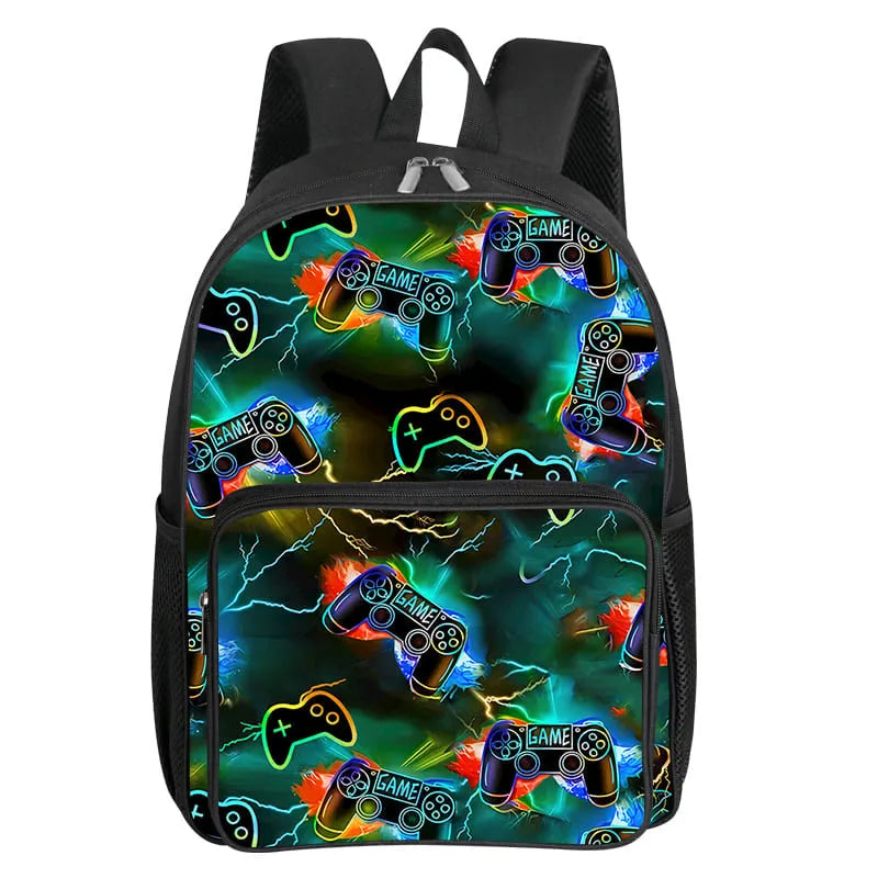 Children's Gamepad Print Backpack with Front Pocket and Twin Shoulder Straps