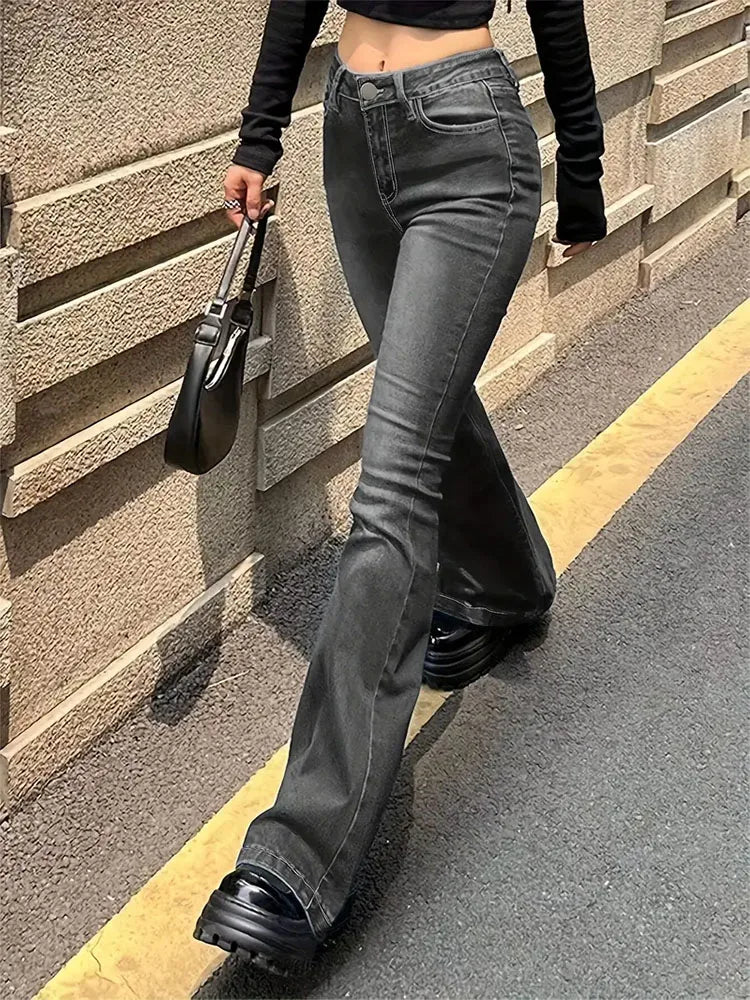 Women's Gray Blue Flared Leg Denim Jeans For Everyday Outfits