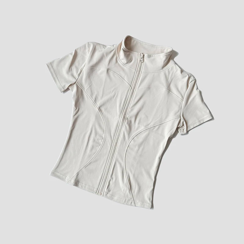 Women’s Slim Fit Short Sleeve Yoga Top with Stand Collar Zip Front