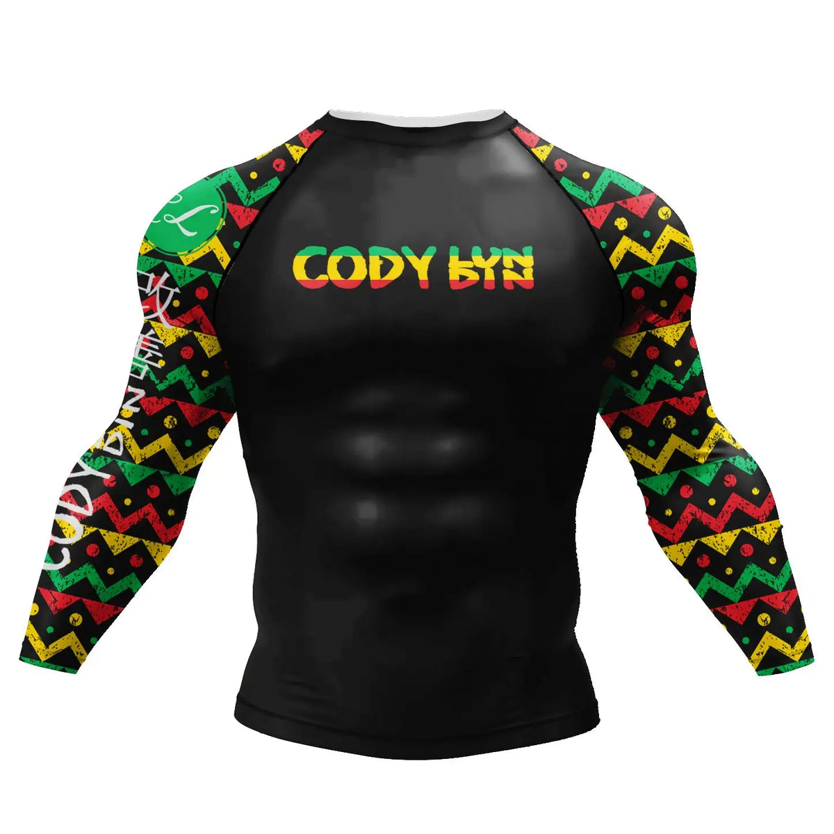 Tattoo Graphic Long Sleeve Mock Neck Fitted Rash Guard